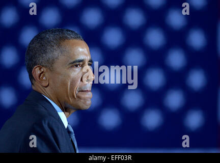 Washington, DC, USA. 2nd Feb, 2015. U.S. President Barack Obama reacts during his remarks on the proposal for budget for fiscal 2016 at the Department of Homeland Security in Washington, DC, the United States, on Feb. 2, 2015. President Barack Obama proposed a nearly 4 trillion US dollars budget for fiscal 2016 on Monday. Credit:  Yin Bogu/Xinhua/Alamy Live News Stock Photo