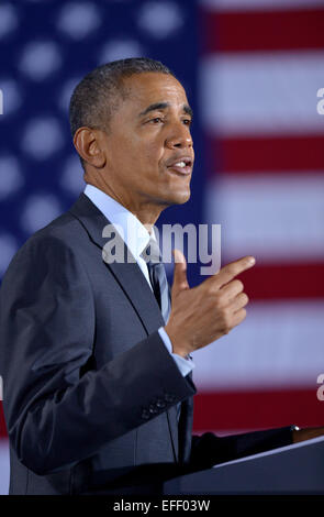 Washington, DC, USA. 2nd Feb, 2015. U.S. President Barack Obama delivers remarks on his proposal for budget for fiscal 2016 at the Department of Homeland Security in Washington, DC, the United States, on Feb. 2, 2015. President Barack Obama proposed a nearly 4 trillion US dollars budget for fiscal 2016 on Monday. Credit:  Yin Bogu/Xinhua/Alamy Live News Stock Photo