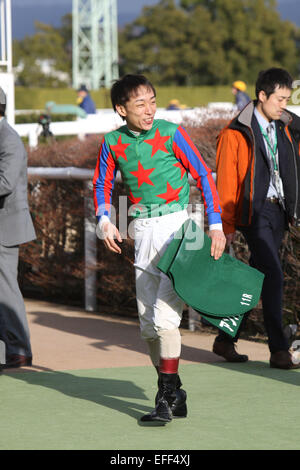 Kyoto, Japan. 1st Feb, 2015. Ken Tanaka Horse Racing : Jockey Ken Tanaka after riding Am Ball Bleiben to win the Silk Road Stakes at Kyoto Racecourse in Kyoto, Japan . © Eiichi Yamane/AFLO/Alamy Live News Stock Photo