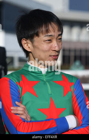 Kyoto, Japan. 1st Feb, 2015. Ken Tanaka Horse Racing : Jockey Ken Tanaka after riding Am Ball Bleiben to win the Silk Road Stakes at Kyoto Racecourse in Kyoto, Japan . © Eiichi Yamane/AFLO/Alamy Live News Stock Photo