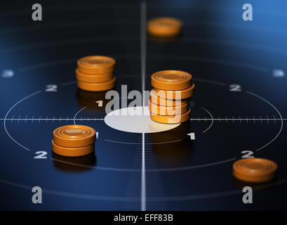 Many tokens in the center of a target with blue background. Conceptual illustration od SMART objective or measurable goal. Stock Photo