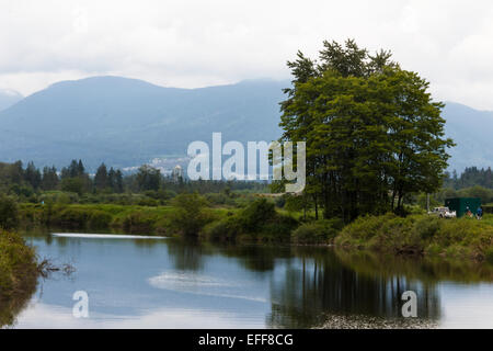 Pastoral countryside scene of pond, water, trees with mountains in background. Stock Photo