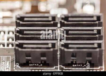 Serial ATA Connectors On Computer Motherboard Close Up Stock Photo