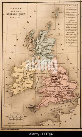 Antique French map of the United Kingdom from Nouvel Atlas Classique c: 1869. Stock Photo