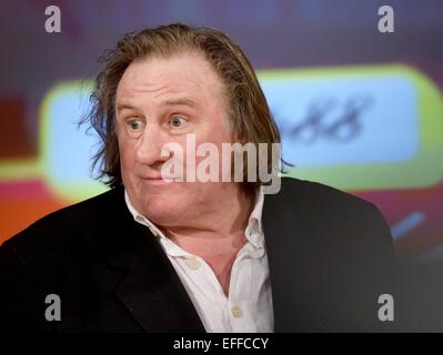 Cologne, Germany. 02nd Feb, 2015. French actor Gerard Depardieu stands on stage during the 'Lambertz Monday Night' in Cologne, Germany, 02 February 2015. During the 'Chocolate & Fashion'-Show models presented outfits decorated with sweets. Credit:  dpa picture alliance/Alamy Live News Stock Photo