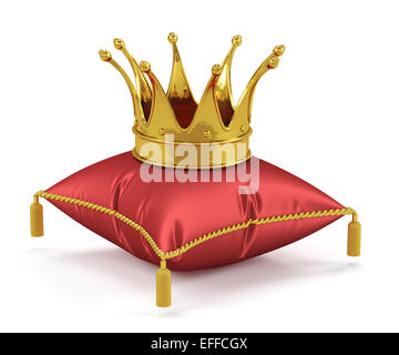 3d render of golden king crown on the red pillow Stock Photo