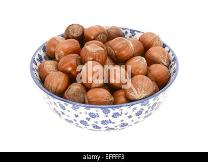 Hazelnuts in shells, in a blue and white porcelain bowl with a floral design, isolated on a white background Stock Photo