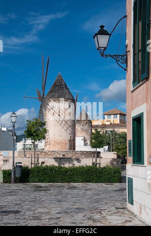 Windmill and street view in Santa Catalina, Majorca, Spain. Stock Photo