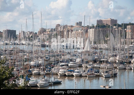 Palma skyline to Paseo Maritimo with small boat marina. Stock Photo