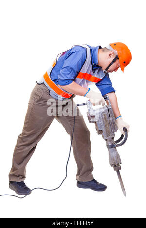 worker with pneumatic hammer drill equipment isolated on white Stock Photo