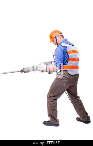 worker with pneumatic hammer drill equipment isolated on white Stock Photo