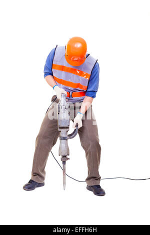 worker with pneumatic hammer drill equipment isolated on white Stock Photo