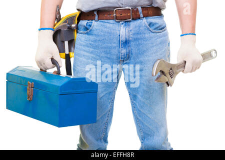 Worker with a tool box isolated on white Stock Photo