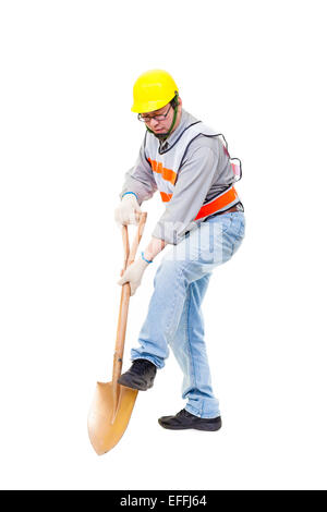 Worker digging with  shovel isolated on white Stock Photo