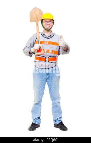 Worker holding   shovel  with thumb up isolated on white Stock Photo