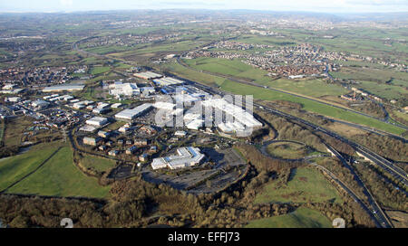 aerial view of Junction 27 Retail Park and industrial estates in the SW quadrant of J27, M62 Stock Photo