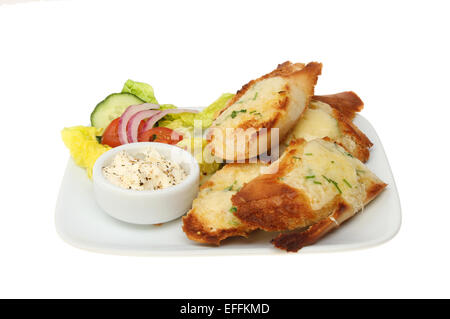 Cheese and chive garlic bread with salad garnish and mayonnaise on a plate isolated against white Stock Photo