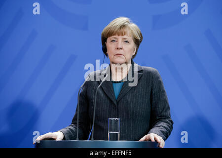 Berlin, Germany. 03rd Feb, 2015. Prime Minister of Singapore Lee Hsien Loong and and the German Chancellor Angela Merkel give a joint press conference after meeting at the German Chancellery on February 03, 2015 in Berlin, Germany. / Picture: German Chancellor Angela Merkel. Credit:  Reynaldo Chaib Paganelli/Alamy Live News Stock Photo