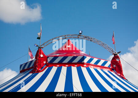 Uncle Sam's Great American Circus big top against a blue sky. Stock Photo