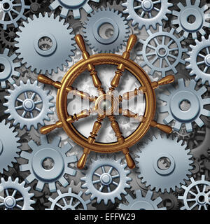 Business navigation concept as a marine boat steering wheel connected to gears and cog wheels as a metaphor for financial corporate management and career direction. Stock Photo