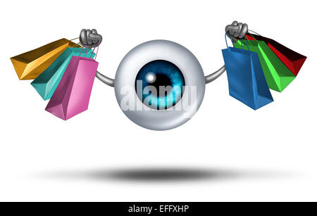 Consumer trends and shopping research and fashion trends follower concept as a human eyeball character holding shop bags as a retail buying symbol for customer protection. Stock Photo