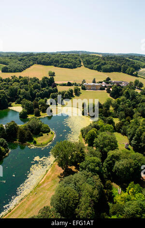 Aerial view of West Wycombe Park stately home and lake in rural landscape, Buckinghamshire, England Stock Photo