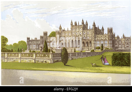 A coloured illustration of Eaton Hall, Cheshire, England UK scanned at high resolution from a book printed in 1870. Believed copyright free. Stock Photo