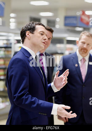 Chancellor of the Exchequer George Osborne speaking during visit to Hove Waitrose supermarket 2015 Stock Photo