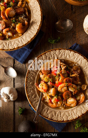 Homemade Shrimp and Sausage Cajun Gumbo Over Rice Stock Photo