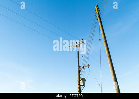 Overhead electricity power lines supported by wooden utility poles, Nottinghamshire, England, UK Stock Photo