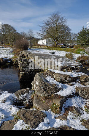 Winter view of the ancient Clapper Bridge at Postbridge, Dartmoor National Park, Devon, UK Stock Photo