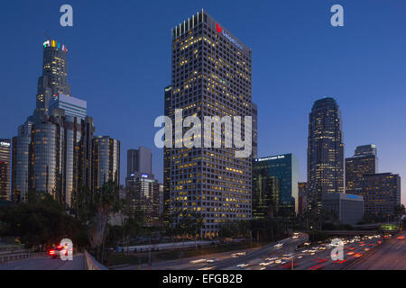 DOWNTOWN SKYLINE INTERSTATE 110 HARBOR FREEWAY LOS ANGELES CALIFORNIA USA Stock Photo