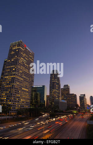 DOWNTOWN SKYLINE INTERSTATE 110 HARBOR FREEWAY LOS ANGELES CALIFORNIA USA Stock Photo