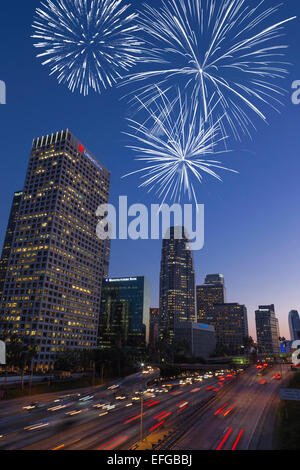 DOWNTOWN SKYLINE INTERSTATE 110 HARBOR FREEWAY LOS ANGELES CALIFORNIA USA Stock Photo
