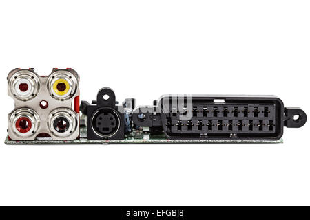 Electronic circuit board with audio and video connections, isolated on white background Stock Photo