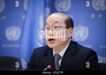 New York, New York, USA. 3rd Feb, 2015. Liu Jieyi, China's permanent representative to the United Nations and rotating presidency of the Security Council for the month of February, speaks during a press briefing at the UN headquarters in New York, on Feb. 3, 2015. China's permanent representative to the United Nations, Liu Jieyi who just assumed the rotating presidency of the Security Council for the month of February, announced on Tuesday a special commemorative debate in the 15-nation council for Feb. 23 to be chaired by Chinese Foreign Minister Wang Yi. Credit:  Xinhua/Alamy Live News Stock Photo