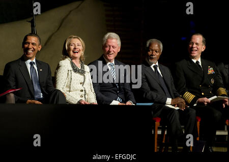 US President Barack Obama, Secretary of State Hillary Clinton, President Bill Clinton, former United Nation Secretary General Kofe Annan and U.S. Navy Adm. Mike Mullen, chairman of the Joint Chiefs of Staff share a laugh during the memorial service for Ambassador Richard C. Holbrooke at the John F. Kennedy Center for Performing Arts January 14, 2011 in Washington, DC. Holbrooke, the Special Envoy to Afghanistan and Pakistan, died in December 2010 after a nearly 50 year career in foreign service.