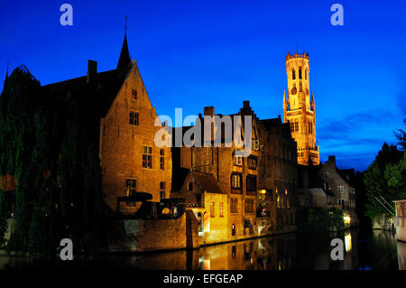 Belgium, Flanders, Bruges, Bellfort-Hallen Bell Tower at Night Stock Photo