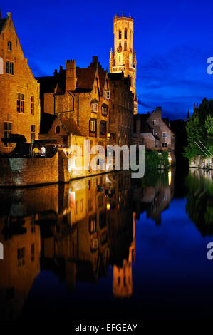 Belgium, Flanders, Bruges, Bellfort-Hallen Bell Tower at Night Stock Photo