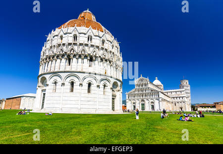 PISA, ITALY - 9 MAY 2011: Image with Campo dei Miracoli in Pisa. Baptistery, Cathedral and Leaning Tower, medieval landmarks of Stock Photo