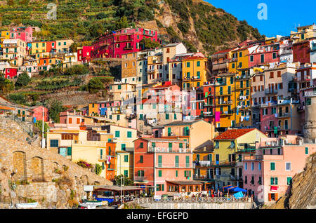 Cinque Terre, Italy. Manarola small town in province La Spezia in Liguria. It is the second smallest of famous Cinque Terre tour Stock Photo