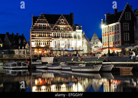 Belgium, Flanders, Ghent, Waterfront Graslei River at Night Stock Photo
