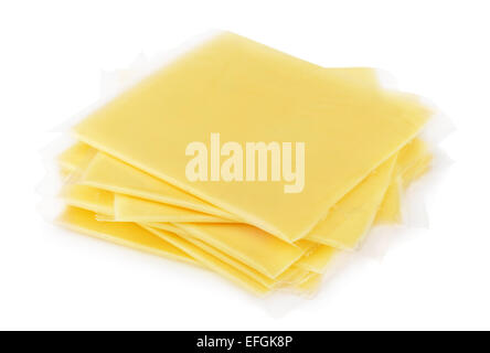 Wrapped sliced cheese isolated on white Stock Photo