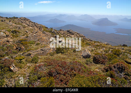 View over Lake Pedder from the slopes of Mt Anne, the highest peak in south west Tasmania Stock Photo