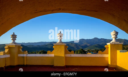 Balcony with columns, view from the bell tower of the church Convento de San Francisco de Asis onto the landscape around Stock Photo