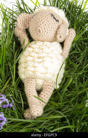 easter decoration with eggs and funny crochet lamb Stock Photo