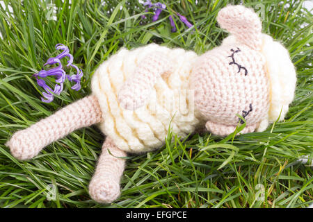 easter decoration with eggs and funny crochet lamb Stock Photo