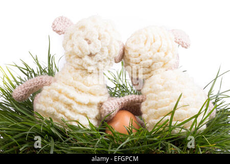 easter decoration with eggs and funny crochet lamb Stock Photo