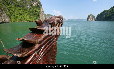 Front of a Vietnamese junk boat sailing through Halong Bay, Vietnam Stock Photo