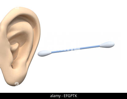 human ear and cotton swabs, 3d illustration isolated on white Stock Photo